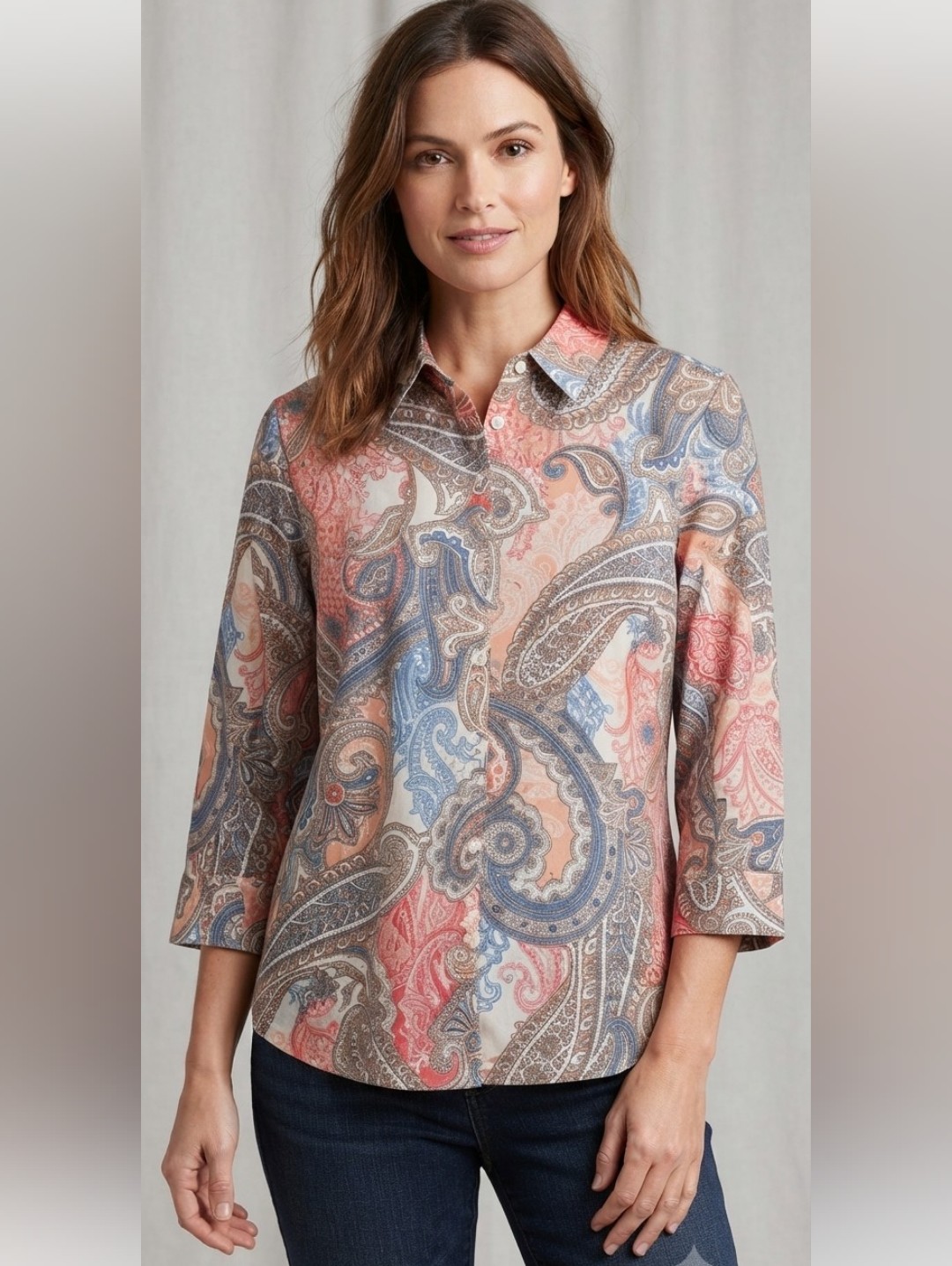 Chicos Size 0 (S/4) Women's No Iron Long Sleeve Button Down Paisly Shirt